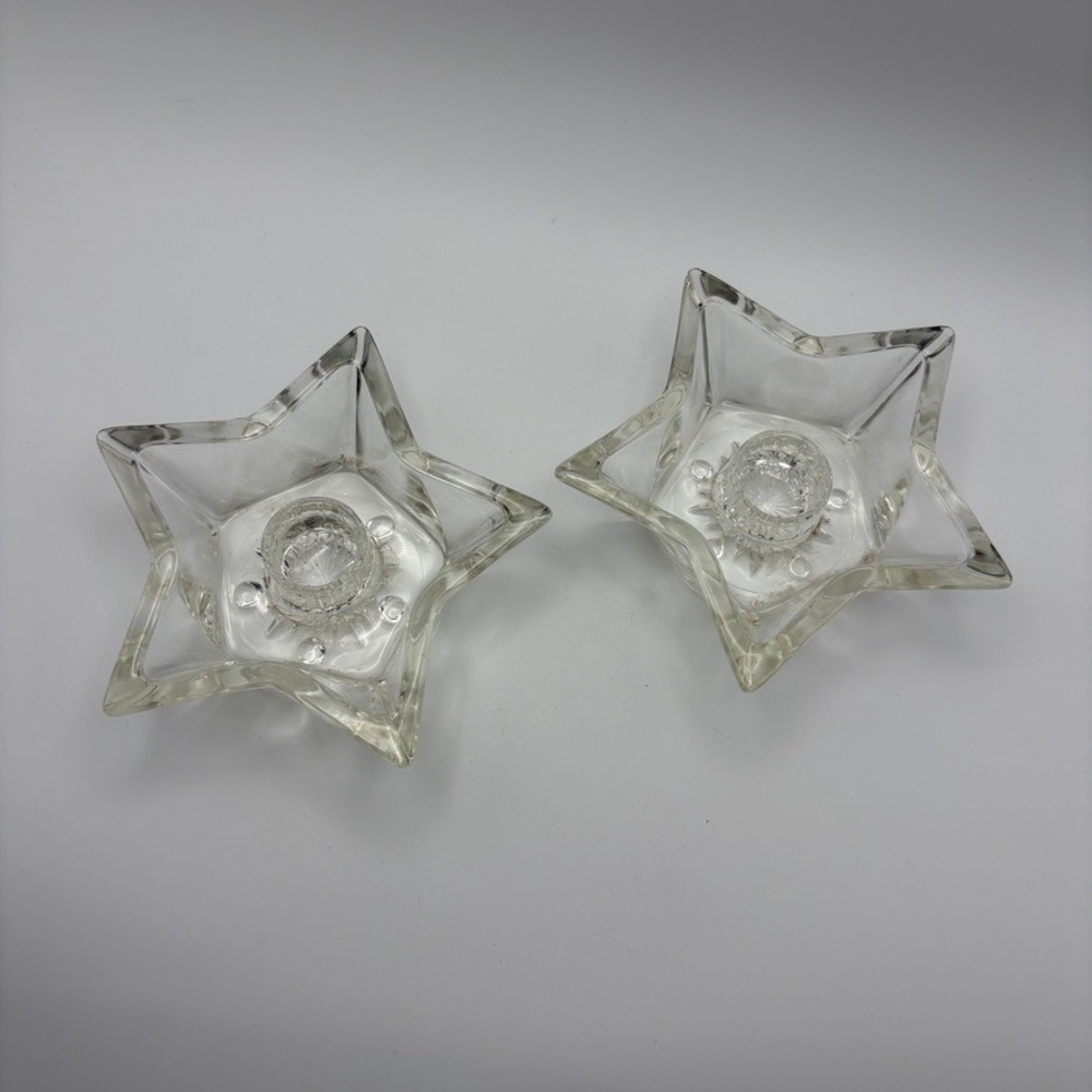 Clear Celestial Pressed Glass Star Taper Candle Holders Set of 2 Retro Decor